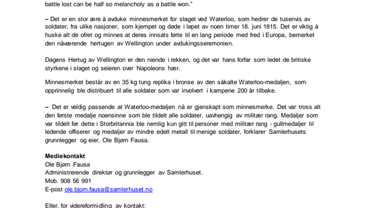 «Norsk» Waterloo-minnesmerke avduket i London i dag