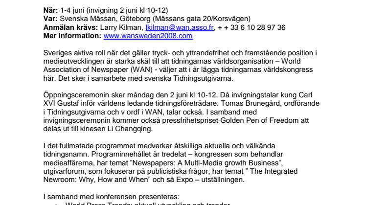 Pressinbjudan: Världspressens egen konferens i Göteborg 1-4 juni 