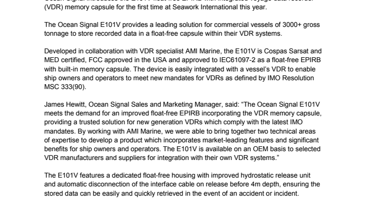 Ocean Signal Introduces E101V Float-Free EPIRB with VDR Memory Capsule for First Time at Seawork