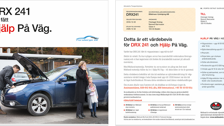 Midland värdebevis skickas med verkstad och Midland som avsändare.