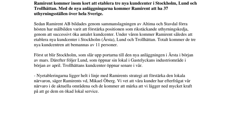 Ramirent växer  öppnar tre nya kundcenter