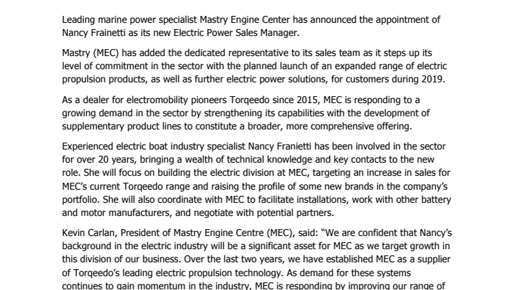 Mastry Engine Center Appoints Electric Power Sales Manager as it Strengthens Range of Electric Propulsion Solutions