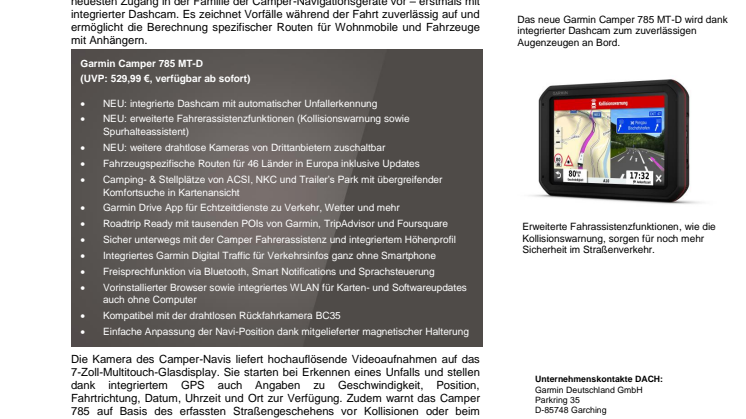 Beim Camping-Abenteuer alles im Blick: das Garmin Camper 785 MT-D mit integrierter Dashcam  
