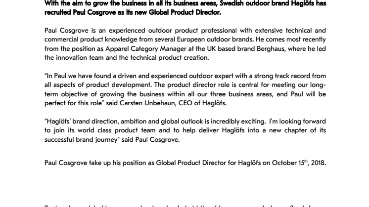 NEW GLOBAL PRODUCT DIRECTOR TO HAGLÖFS