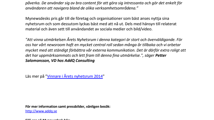 AddQ vinnare i Årets Nyhetsrum 2014