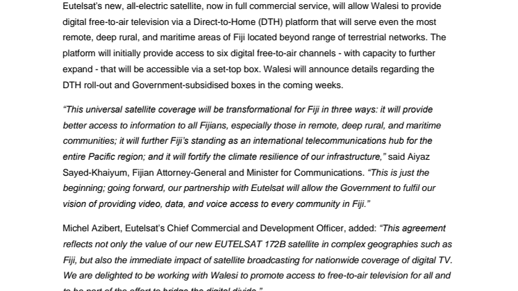 Fijian Government selects EUTELSAT 172B for providing universal television access
