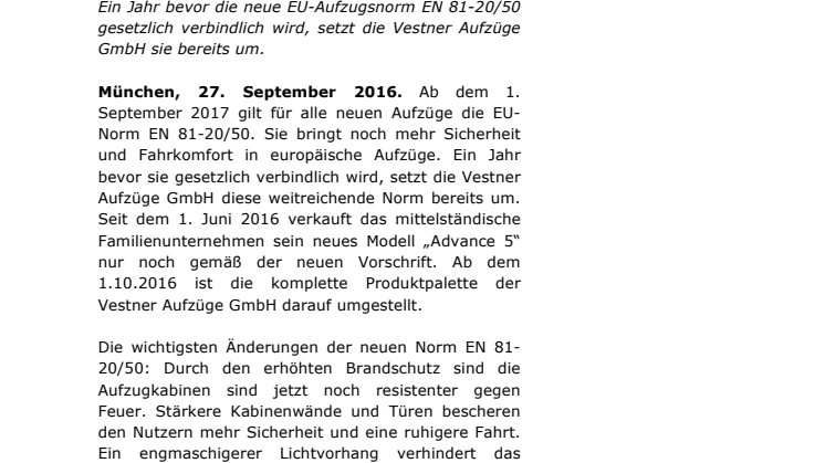 Vestner Aufzüge agiert als Vorreiter für mehr Sicherheit und Fahrkomfort für Aufzüge 