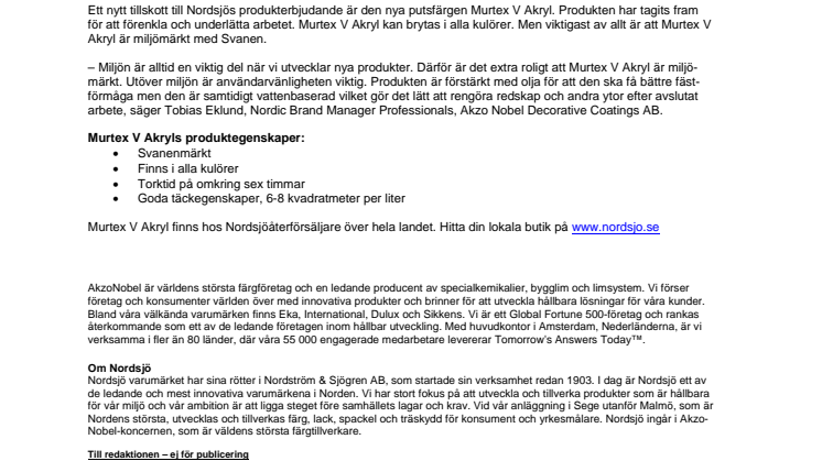 Nordsjö lanserar Murtex V Akryl: Helt ny puts med miljömärkningen Svanen