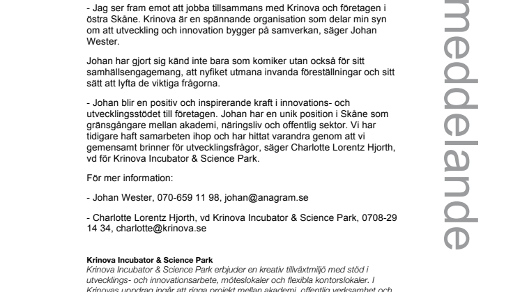 Johan Wester samarbetar med Krinova i Kristianstad