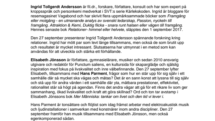 Angelägen författarkväll 27 september: Hållbara relationer och livskvalitet med Ingrid Tollgerdt Andersson, Elisabeth Jönsson och Hans Parment