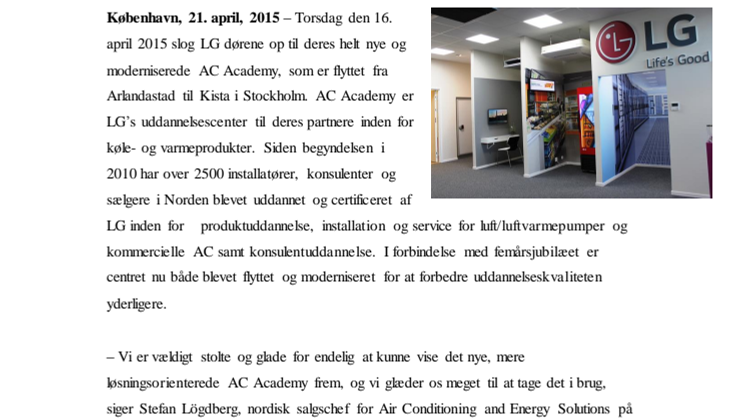 LG ÅBNER MODERNISERET AC ACADEMY I HELT NYE LOKALER I STOCKHOLM