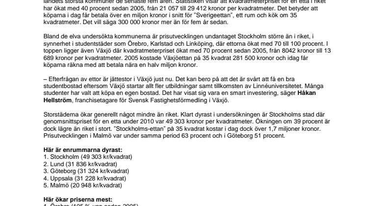 Växjös ettor har stigit med 70 procent på fem år