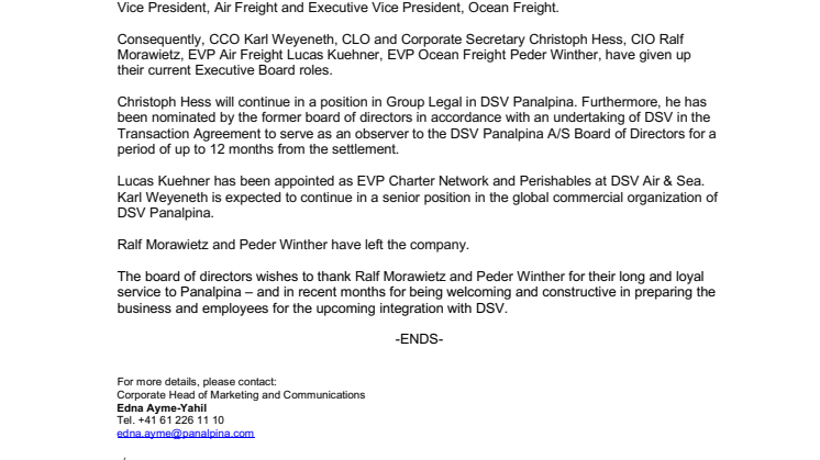 Changes to Panalpina Executive Board (Revised)