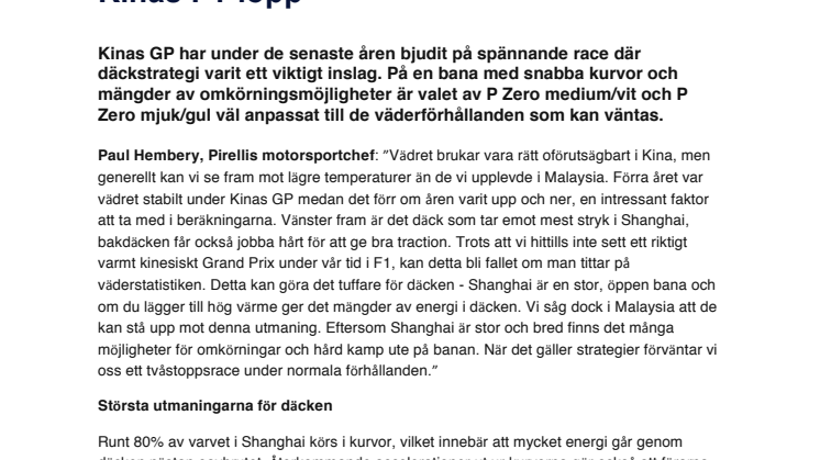 Pirelli väljer mjuka och mediumdäck i Kinas F1-lopp 