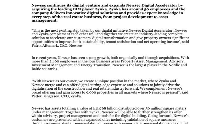 Newsec förvärvar Zynka BIM – stärker erbjudandet inom digitala byggnader