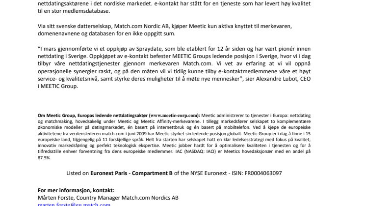 MEETIC KJØPER E-KONTAKT I SVERIGE, NORGE OG DANMARK