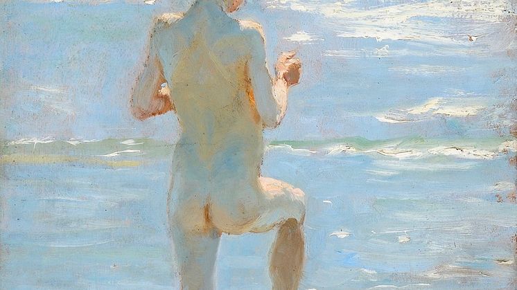 P. S. Krøyer- "Nøgen dreng, set bagfra, i trampende løb lidt ud i vandet." Sign. S K. 92. Olie på træ. 32,5 x 22,5.jpeg