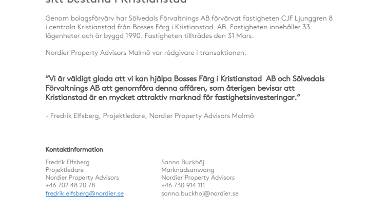 Sölvedals Förvaltnings AB utökar  sitt bestånd i Kristianstad