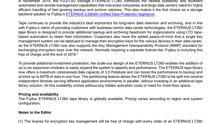 Petabyte-scale ETERNUS LT260 Tape Library Combines Exceptionally High Data Capacity with Performance and Security 