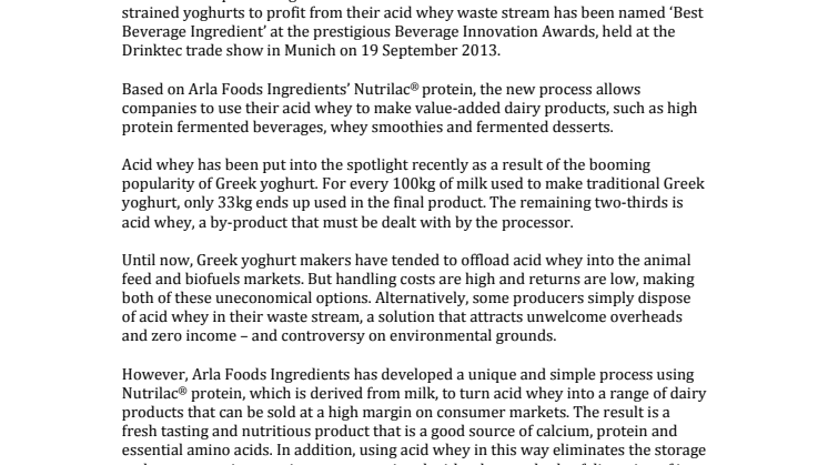 Ground-breaking acid whey concept named ‘Best Beverage Ingredient’