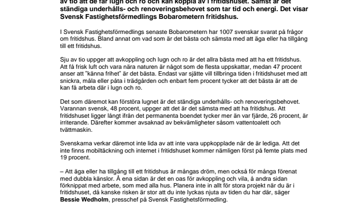 Bobarometern visar: Fritidshuset skänker lugn och ro – men underhåll och renovering är ett gissel