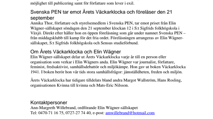 Svenska PEN får Årets Väckarklocka