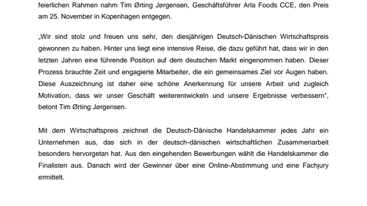 Arla Foods gewinnt Deutsch-Dänischen Wirtschaftspreis 2015