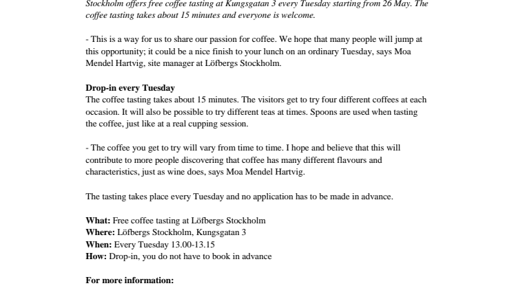 Free coffee tasting at Löfbergs Stockholm