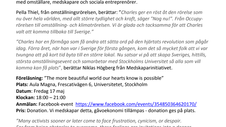 INTERNATIONELLE VISIONÄREN CHARLES EISENSTEIN I SVERIGE -  Sveriges största omställningsevent medskapas 17 maj!