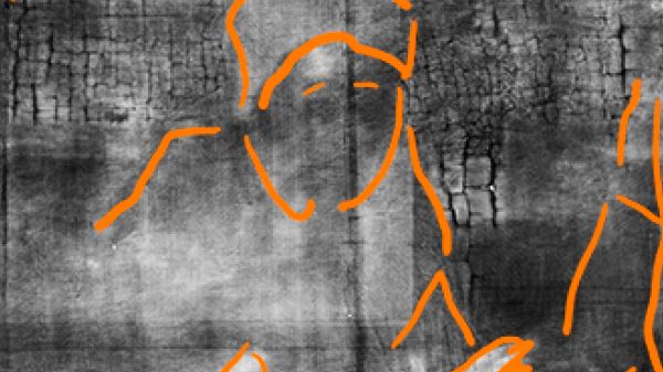 Bowes Museum panel Xray marked close up of figure (possibly shepherd) (photo credit Northumbria University and The Bowes Museum)