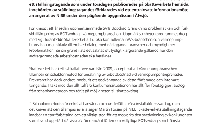 NIBE initierar seminarium tillsammans med skatteverket gällande förtydligande av ROT-avdrag