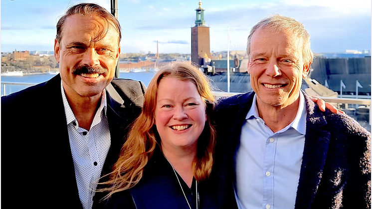 Grundarna av det nya rymdföretaget I.S.A.A.C. fr v. entreprenör Mattias Hansson, rymddesigner Cecilia Hertz och astronaut Christer Fuglesang 