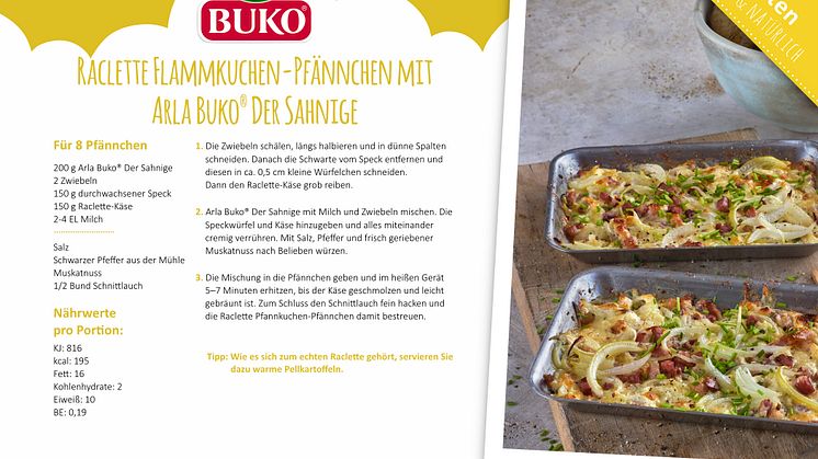 Rezeptkarte Raclette Flammkuchen Pfännchen mit Arla Buko® Der Sahnige