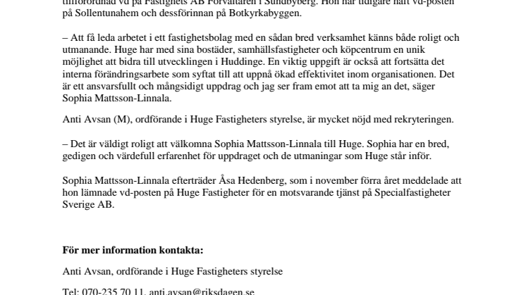 Sophia Mattsson-Linnala ny vd för Huge Fastigheter