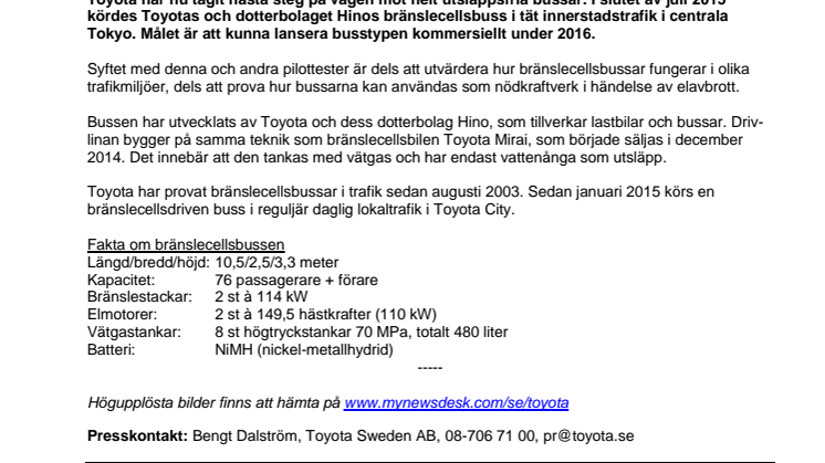 Toyota börjar sälja bränslecellsbuss 2016