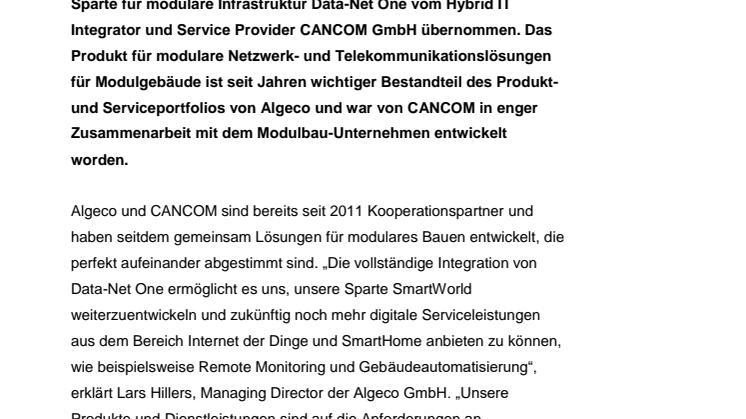  Algeco übernimmt von CANCOM Sparte für modulare Infrastruktur