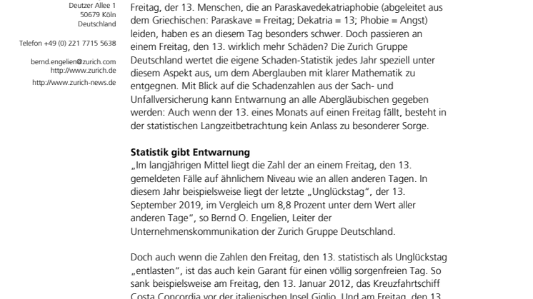 Freitag, der 13. kein Unglückstag – Statistik gibt Entwarnung 