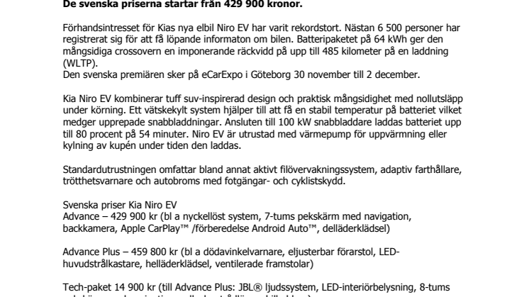 Sverigepremiär och priser klara för Kia Niro EV