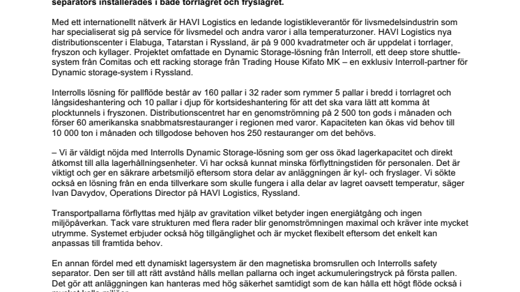 ​Interrolls dynamiska lagersystem spar energi på HAVI Logistics distributionscenter i Ryssland