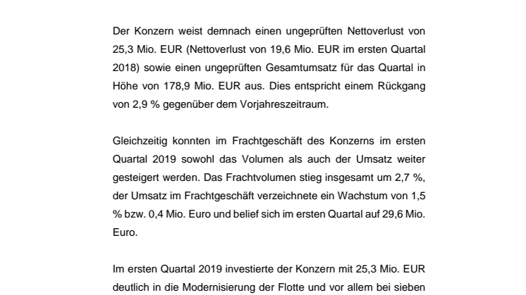 Tallink Grupp veröffentlicht die Geschäftsergebnisse für das erste Quartal 2019: Der Umsatz im Frachtgeschäft steigt weiter, der Gesamtumsatz geht zurück