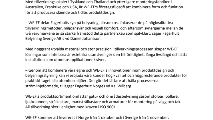 Fagerhult to supply WE-EF in Norway and Sweden