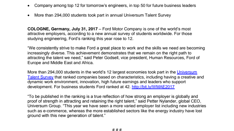 Ford Motor Company is Among World’s 12 Most Attractive Employers, According to Major Annual Survey of Students