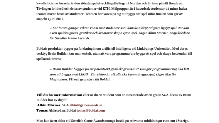 Boldai i unikt samarbete med Swedish Game Awards