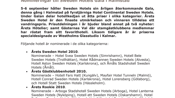 Nomineringar till Sweden Hotels Gala i Halmstad