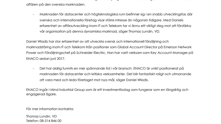 Daniel Wladis ny Försäljnings- och marknadschef på ENACO Sverige