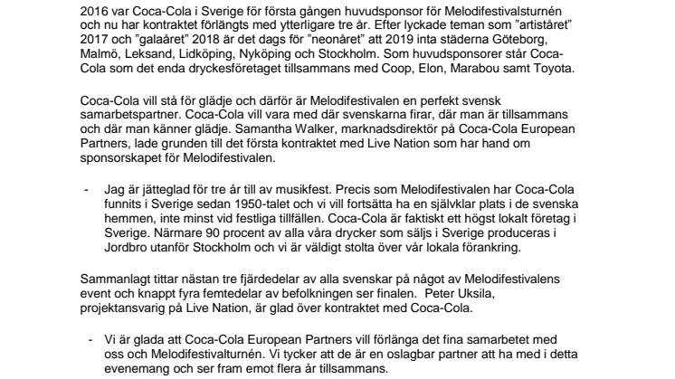 Coca-Cola i Sverige fortsätter som huvudsponsor för Melodifestivalsturnén