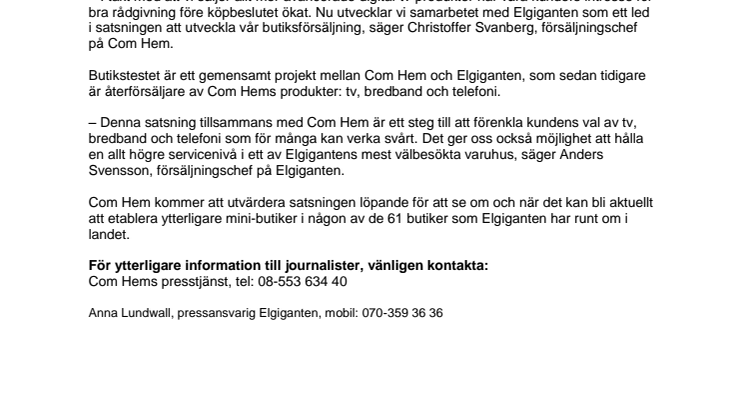 Premiär för Com Hem-butik hos Elgiganten