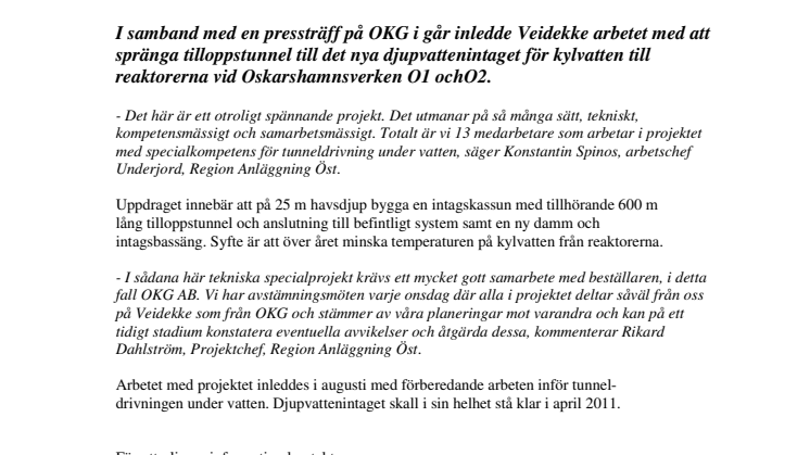 Veidekke spränger för nytt djupvattenintag vid kärnkraftverket i Oskarshamn