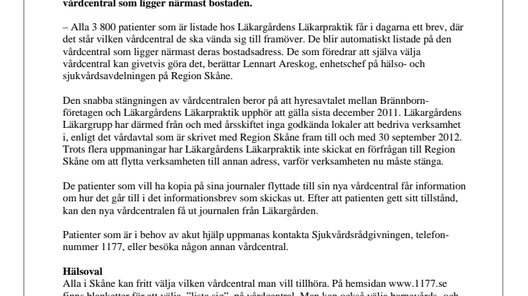 Läkargårdens Läkarpraktik i Ängelholm stänger vid årsskiftet
