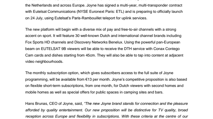 Joyne selects Eutelsat for flexible new pay-TV offer for Dutch homes and recreational market